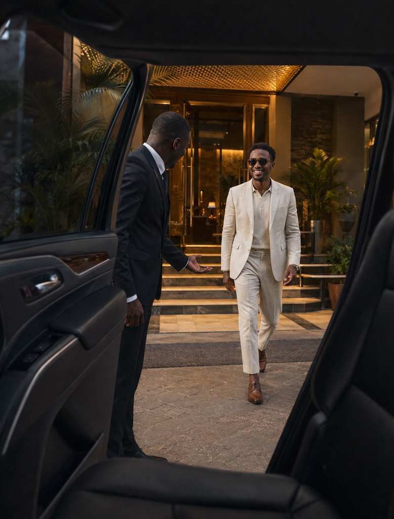 A chauffeur welcoming a passenger beside an executive vehicle